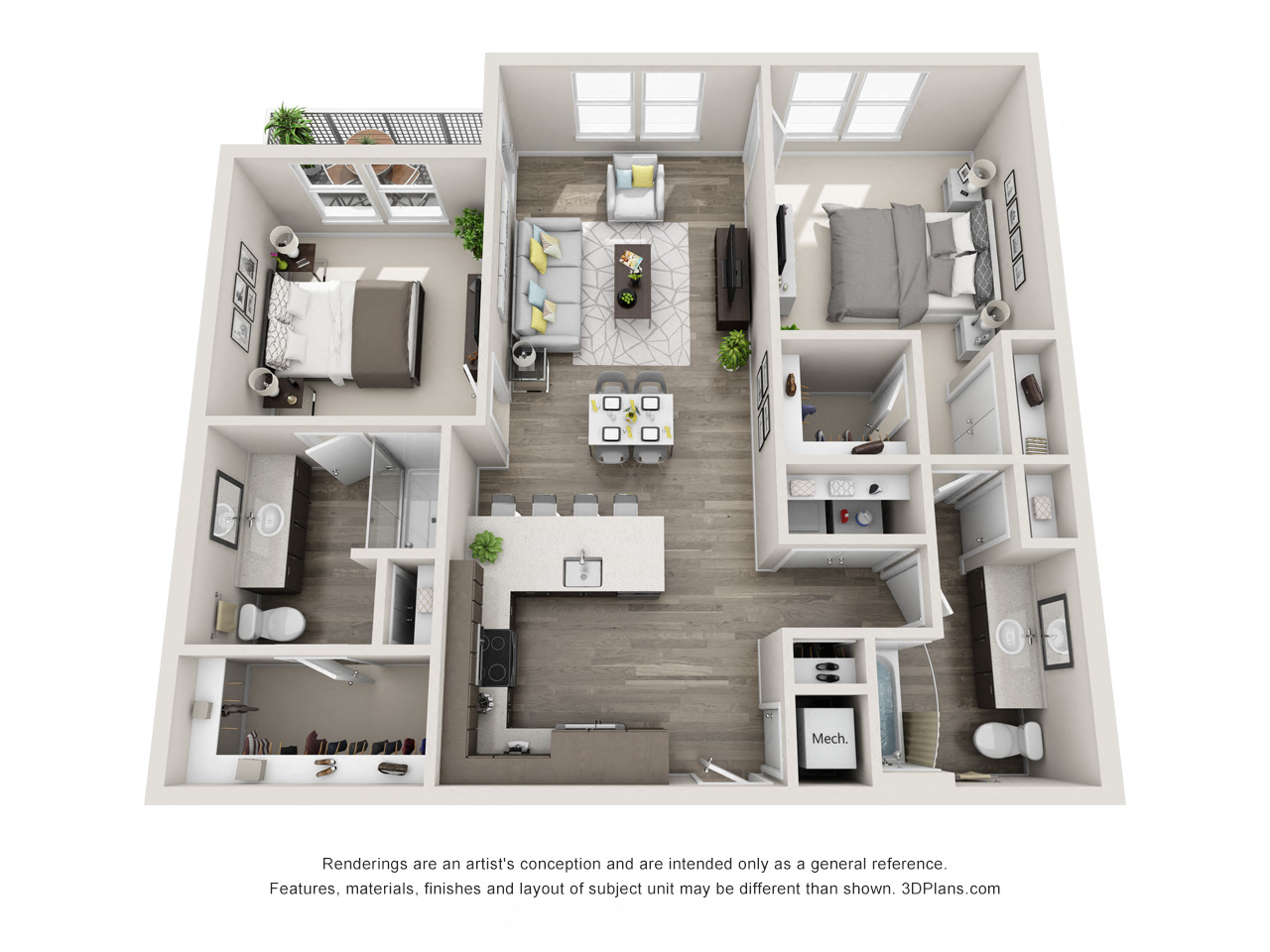 Floor plan for 2 beds, 2 baths, 1131 sqft
